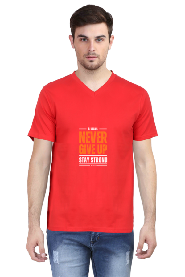 V-Neck Half-Sleeve T-Shirt with "Never Give Up"